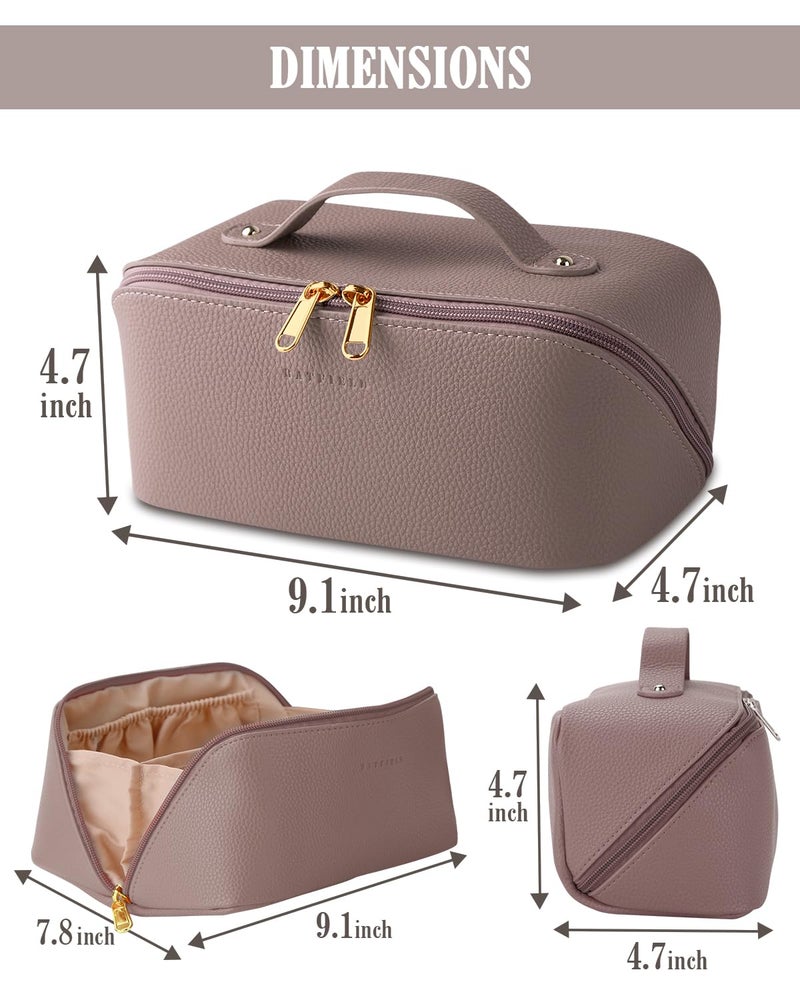 Batfield Cosmetic Bag For Women,Litchi Pu Leather Makeup Pouch For Women,Large Capacity Cosmetic Travel Bag,Portable Makeup Kit Storage Bag With Handle And Divider,Makeup Organizer Bag (Pink),12 cm - Image 2