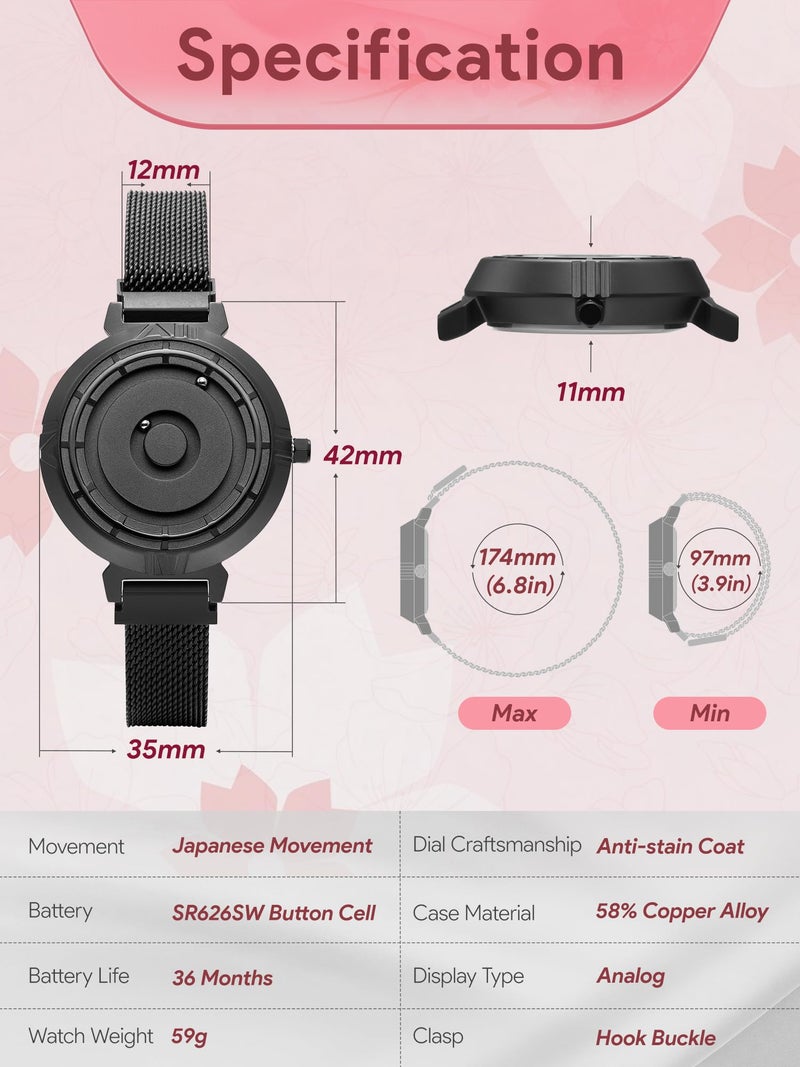 EUTOUR Women Watch Magnet Watch No Glass Ball Bearing Watches Quartz Elegance Minimalist Wristwatch with Stainless Steel Mesh Bracelet Black 36 mm - Image 3