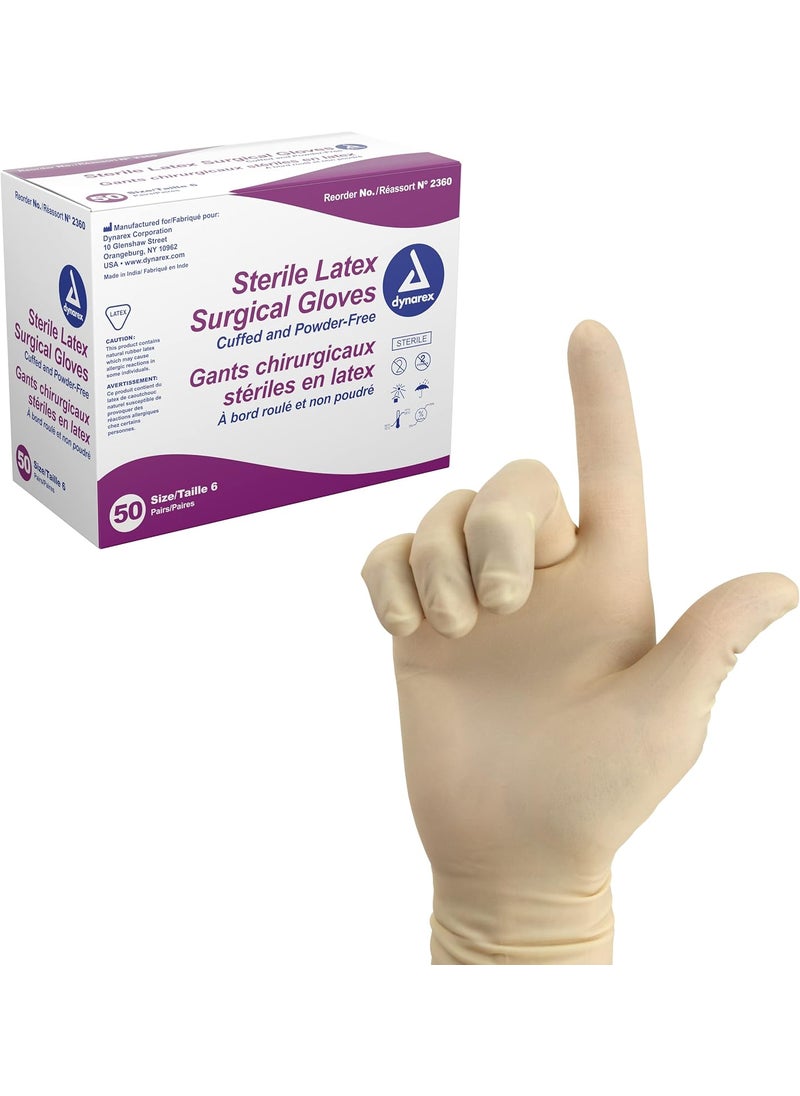Dynarex Dynarex Sterile Disposable Latex Surgical Gloves, Powder-Free, Sterilely Packaged in Pairs, Professional Medical and Healthcare Use, Veterinary Clinic, Bisque, Size 6.0, 1 Box of 50 Pairs of Gloves 