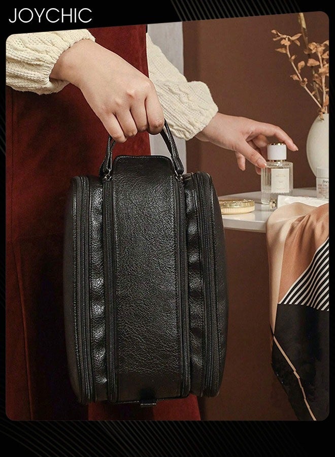 Joychic حقيبة مستحضرات تجميل جديدة متعددة الوظائف مقاومة للماء بتصميم على شكل حرف U بسحاب مزدوج للنساء بسعة كبيرة للسفر محمولة وحقيبة تخزين أدوات الزينة باللون الأسود - Image 3