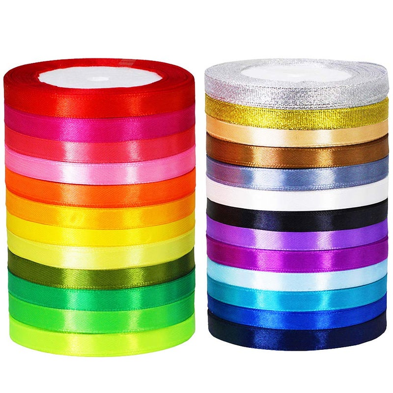 وينلين 25 لفة 625 ياردة، 25 شريطًا من القماش بألوان قوس قزح، شريط من الساتان الحريري اللامع، لفات شريط معدني لامع بعرض 2/5 بوصة، 25 ياردة/لفة أشرطة تزيين للأقواس والحرف اليدوية وتغليف الهدايا وخياطة حفلات الزفاف