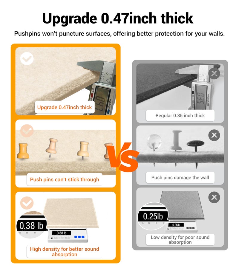 AkuDecor 1/2" Thick Cork Board for Office, 6 Pack Felt Wall Tiles -28"x18" with Safe Adhesive Tabs, Large Bulletin Board, Push Pin Board Organizer Wall - Beige - Image 2