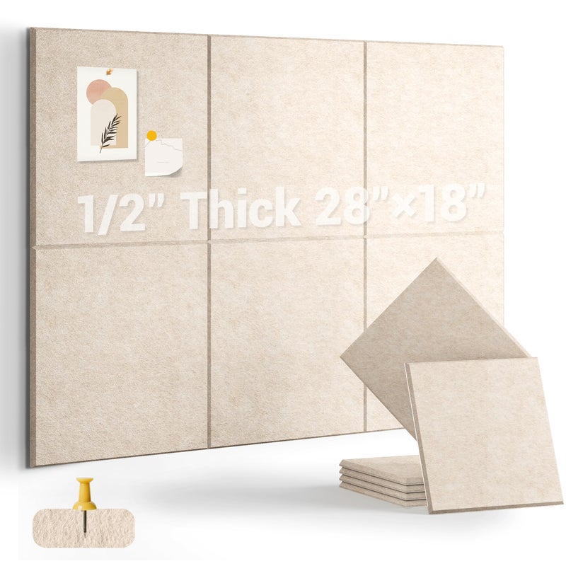 AkuDecor 1/2" Thick Cork Board for Office, 6 Pack Felt Wall Tiles -28"x18" with Safe Adhesive Tabs, Large Bulletin Board, Push Pin Board Organizer Wall - Beige - Image 1