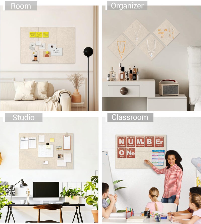 AkuDecor 1/2" Thick Cork Board for Office, 6 Pack Felt Wall Tiles -28"x18" with Safe Adhesive Tabs, Large Bulletin Board, Push Pin Board Organizer Wall - Beige - Image 5