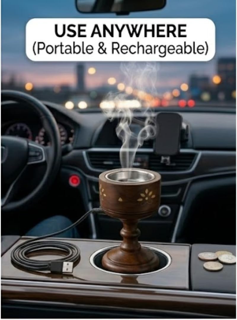 Hasanat Essentials Handmade Wooden Oud Bakhoor Burner with Brass Inlay - Image 2
