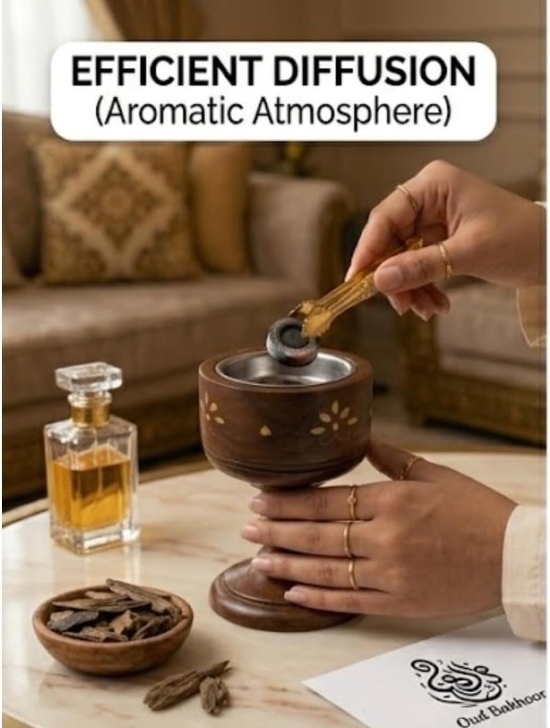 Hasanat Essentials Handmade Wooden Oud Bakhoor Burner with Brass Inlay - Image 1