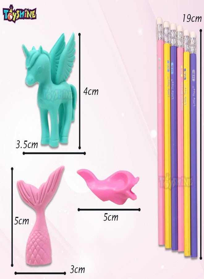 Toyshine Unicorn Mermaid Erasers, Pencils and Sharper Set Included 6 Pencils, 4 Erasers, 1 Scale, 1 Sharper, 1 Pencil Top (Multicolor) - Pack of 13 - Image 5