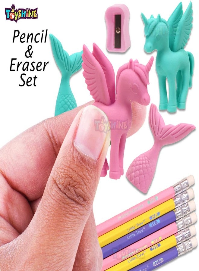 Toyshine Unicorn Mermaid Erasers, Pencils and Sharper Set Included 6 Pencils, 4 Erasers, 1 Scale, 1 Sharper, 1 Pencil Top (Multicolor) - Pack of 13 - Image 2