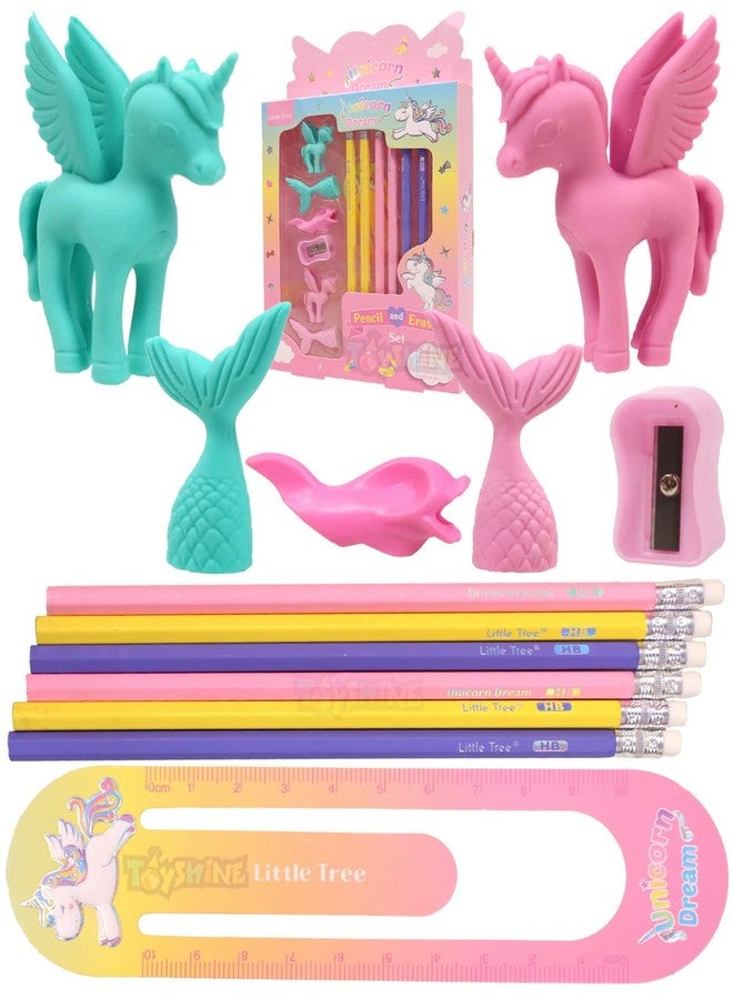 Toyshine Unicorn Mermaid Erasers, Pencils and Sharper Set Included 6 Pencils, 4 Erasers, 1 Scale, 1 Sharper, 1 Pencil Top (Multicolor) - Pack of 13 - Image 1