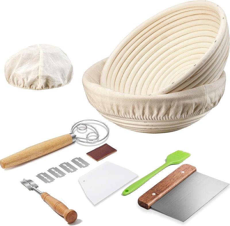 Dimpola Banneton Bread Proofing Basket Banneton Basket Set Sourdough Proofing Basket Round Proofing Bowls Handmade Rattan Baskets and Liners (2 Round 9 inch Baking Set) - Image 1