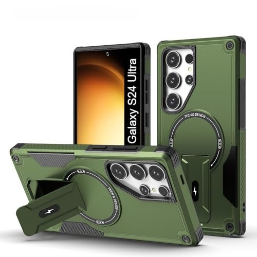US LITE Back Cover for Samsung Galaxy S24 Ultra with Portable Kickstand | Mag-Safe Compatible Magnetic Case | Shockproof Military Grade Protection | Extreme Protection Phone Cover – Green - Image 1