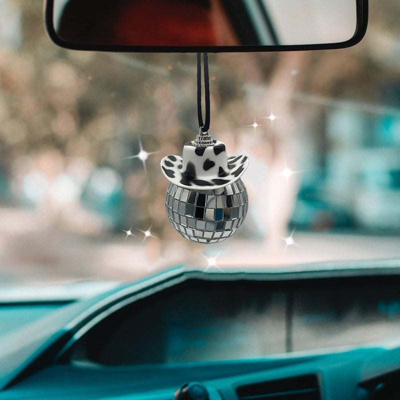 SPANSEE Black Cow Print Car Accessories Disco Ball Ball Mirror Ornament Hanging Cowboy Hat Charm Rear View Hanger Charm