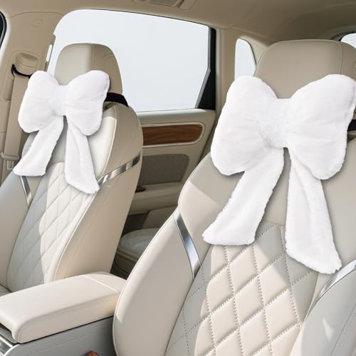 iHUFeather 2 Pack Bow Car Headrest Pillows Plush Car Neck Pillows for Travel Driving Office Chair Head Support Cushions, Also Cute Car Decor Accessories (White) - Image 1