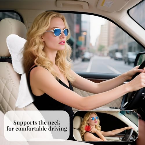 iHUFeather 2 Pack Bow Car Headrest Pillows Plush Car Neck Pillows for Travel Driving Office Chair Head Support Cushions, Also Cute Car Decor Accessories (White) - Image 2