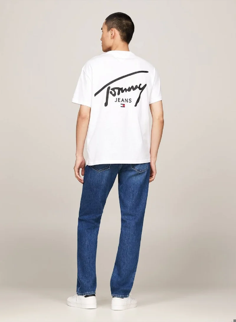 TOMMY JEANS Men's Signature Logo Crew Neck T-Shirt, White - Cotton