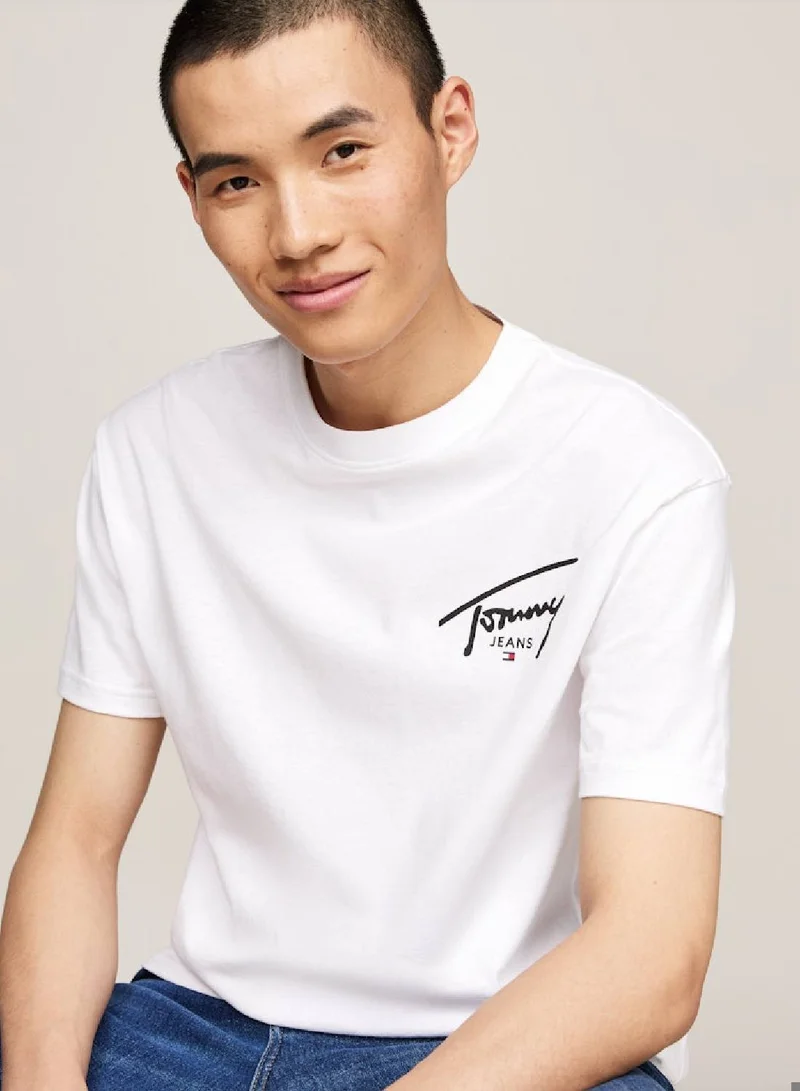 TOMMY JEANS Men's Signature Logo Crew Neck T-Shirt, White - Cotton