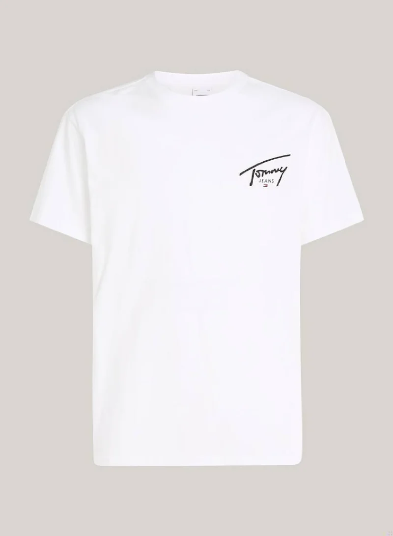 TOMMY JEANS Men's Signature Logo Crew Neck T-Shirt, White - Cotton