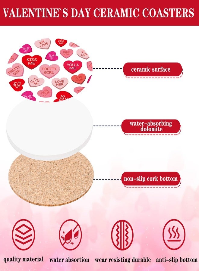 Whaline 4Pcs Valentine's Day Absorbent Ceramic Coaster with Holder Conversation Heart Cup Mat Red Pink Quick Drying Coaster with Cork Base for Home Kitchen Drink Supplies, 4 in - Image 3