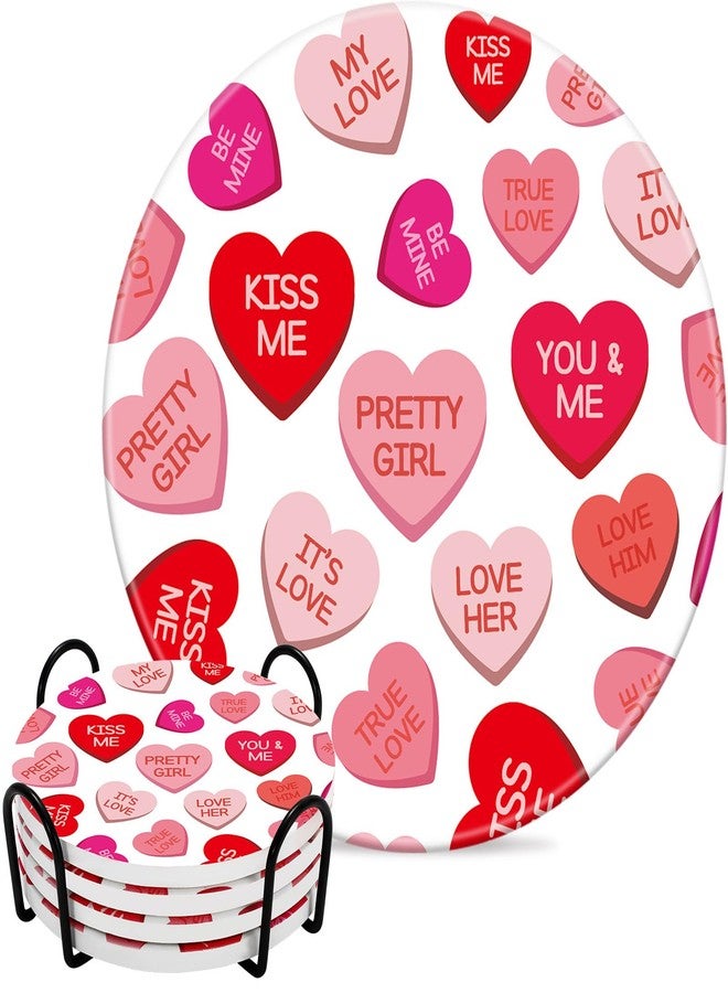 Whaline 4Pcs Valentine's Day Absorbent Ceramic Coaster with Holder Conversation Heart Cup Mat Red Pink Quick Drying Coaster with Cork Base for Home Kitchen Drink Supplies, 4 in - Image 1