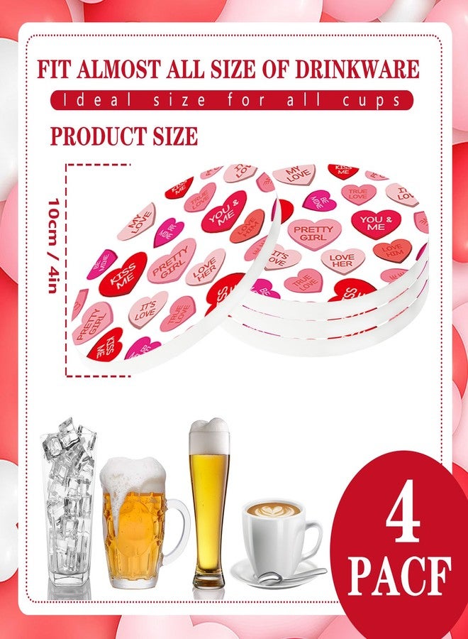Whaline 4Pcs Valentine's Day Absorbent Ceramic Coaster with Holder Conversation Heart Cup Mat Red Pink Quick Drying Coaster with Cork Base for Home Kitchen Drink Supplies, 4 in - Image 2