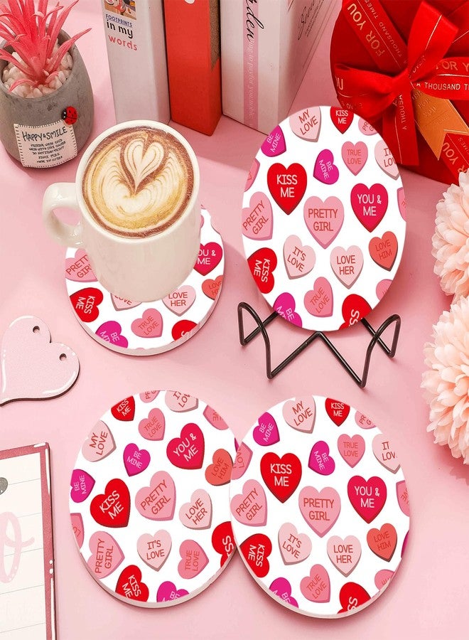 Whaline 4Pcs Valentine's Day Absorbent Ceramic Coaster with Holder Conversation Heart Cup Mat Red Pink Quick Drying Coaster with Cork Base for Home Kitchen Drink Supplies, 4 in - Image 5