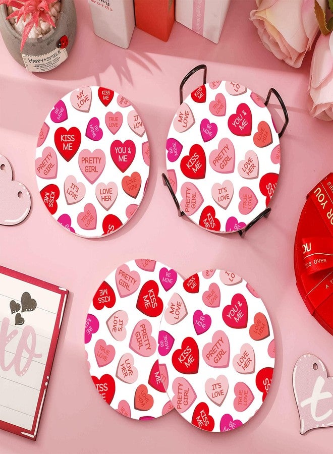 Whaline 4Pcs Valentine's Day Absorbent Ceramic Coaster with Holder Conversation Heart Cup Mat Red Pink Quick Drying Coaster with Cork Base for Home Kitchen Drink Supplies, 4 in - Image 4