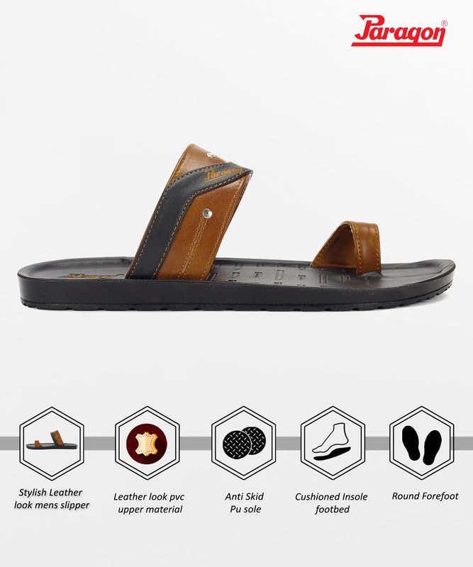 PARAGON PUK2222G Slippers for Men | Comfortable, Breathable & Durable Sandals with Soft Cushioned Footbed | Easy Wear Slip On | Ideal for Outdoor Use Black - tan - Image 4