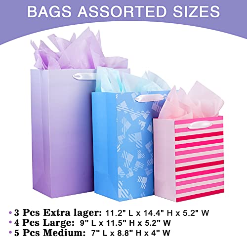 Plauthus 12 Pack Gift Bags Assorted Sizes and Designs, Gift Bags Bulk with Tissue Paper (5 Medium 8", 4 Large 11", 3 Extra Large 14") for Birthday, Baby Showers, Bridal Showers, Easter Day Any Occasion - Image 5