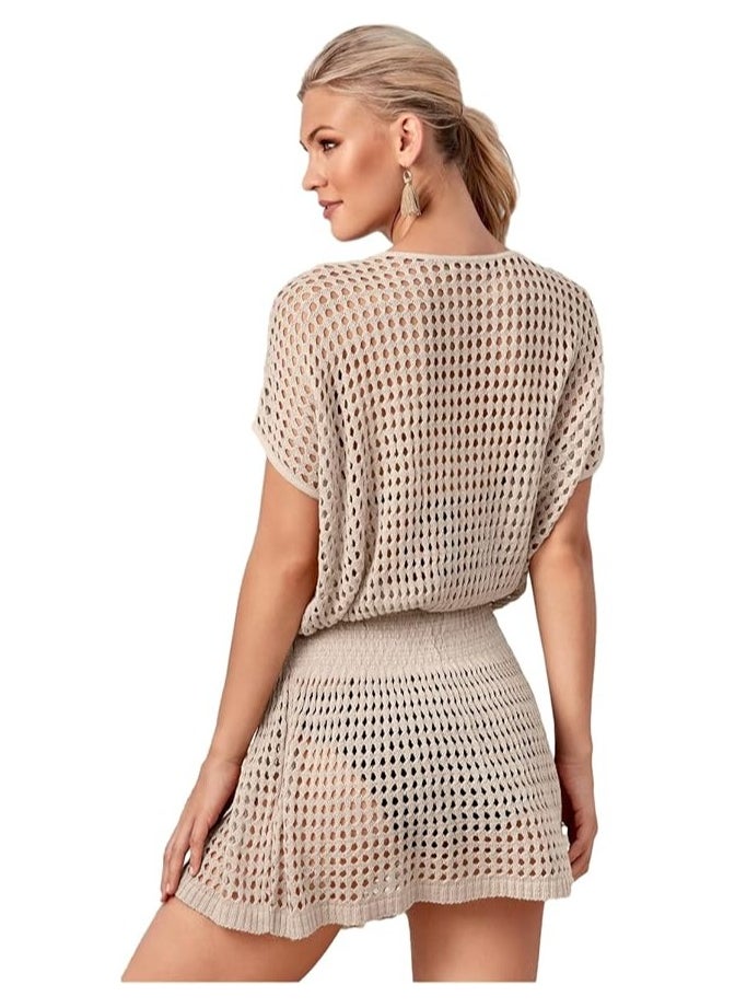 Globalests - Women Beachwear dress Ladies Beach Bikini swimsuit Dresses Cardigan Swim Wear Lace Beach Cover Up V Neck Dress,  Ruffle Short Sleeves Dress, - Image 1