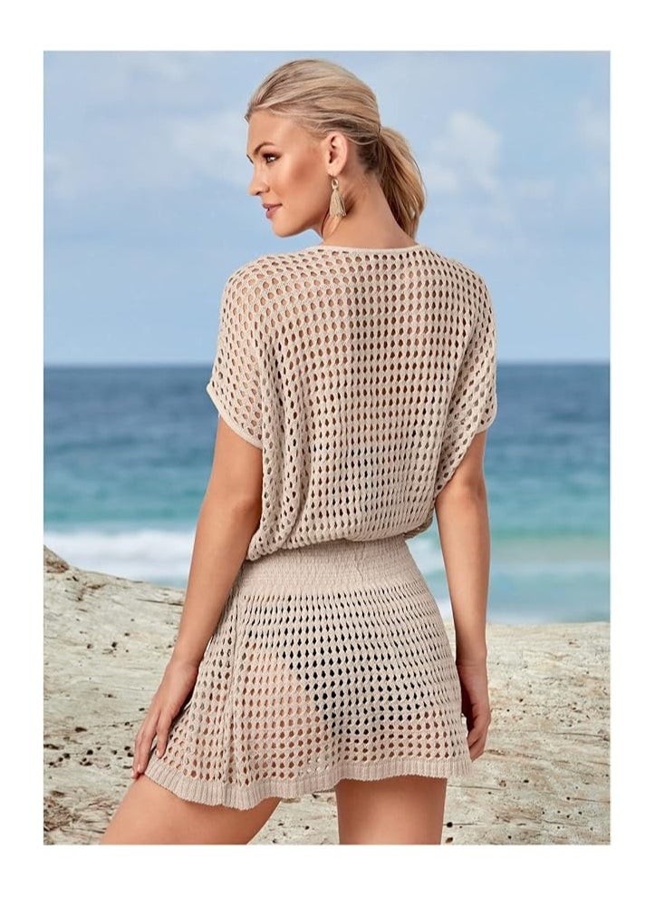 Globalests - Women Beachwear dress Ladies Beach Bikini swimsuit Dresses Cardigan Swim Wear Lace Beach Cover Up V Neck Dress,  Ruffle Short Sleeves Dress, - Image 1