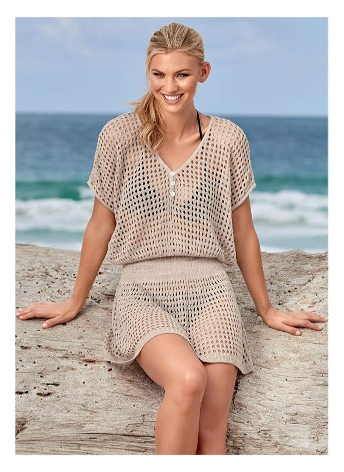 Globalests - Women Beachwear dress Ladies Beach Bikini swimsuit Dresses Cardigan Swim Wear Lace Beach Cover Up V Neck Dress,  Ruffle Short Sleeves Dress, - Image 1