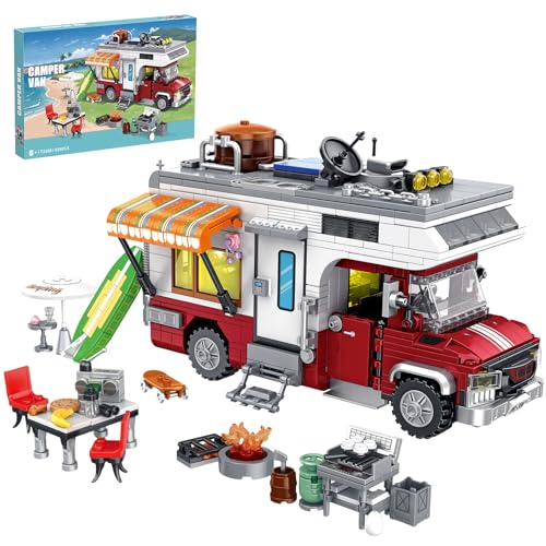 CSNRHG Camping Van Construction Toy 924 Pieces Building Block Set with Picnic Table Grill Fire Scene Gift for Kids Teens Vehicle Fans - Image 1