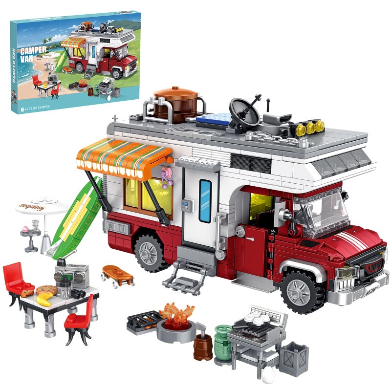 CSNRHG Camping Van Construction Toy 924 Pieces Building Block Set with Picnic Table Grill Fire Scene Gift for Kids Teens Vehicle Fans - Image 2