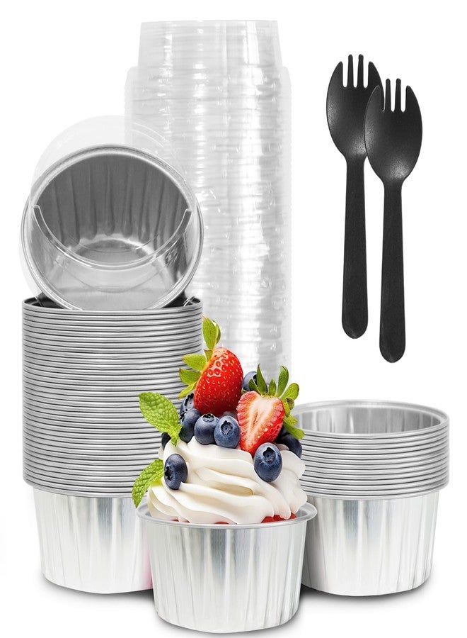 YOIYINI 50Pcs Mini Aluminum Foil Cupcake,5oz Baking Cups with Lids,Mini Cake Pans Disposable,Loaf Pans with Lids,Disposable Ramekins,Tin Cups Containers for Cupcake,Pudding,Muffin,Cheesecake (Silvery) - Image 1