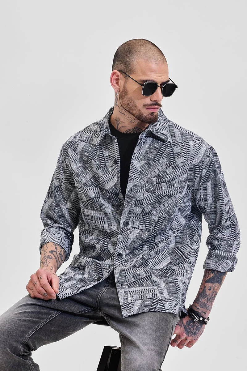 SNITCH Black Abstract Relaxed Fit Overshirt