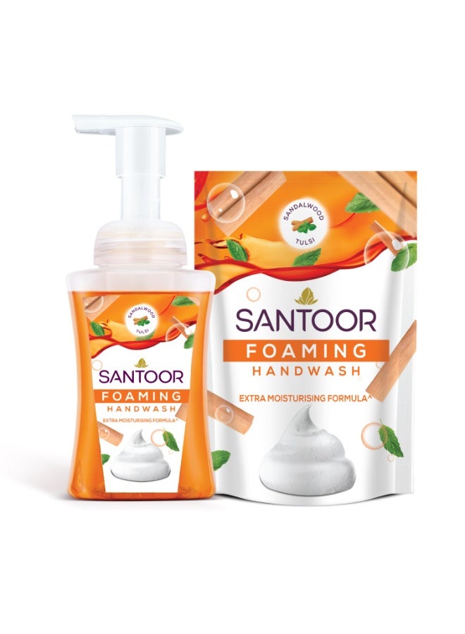 Santoor Foaming Handwash with Sandalwood & Tulsi, Extra Moisturising Formula, 250ml Bottle + 200ml Refill Pouch (Combo Pack) - Image 2