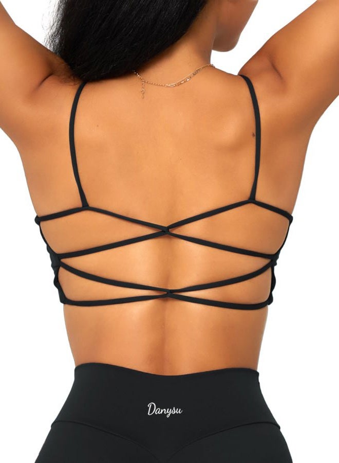 Danysu Backless Sports Bra Buttery Soft Workout Tops with Removable Padded Yoga Training Bras Strappy Going Out Top, #1.crisscross Black, S - Image 1