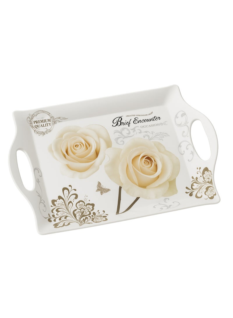 Elegant Floral Serving Tray with Handles – Premium Quality Plastic, White & Gold Rose Design - Image 1