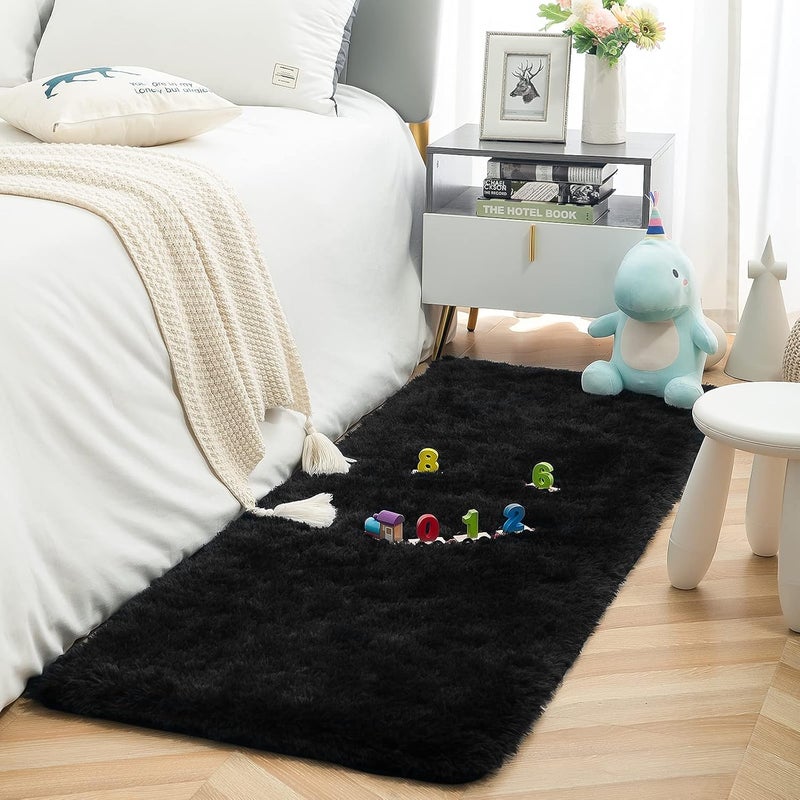 ISEAU Fluffy Runner Rug for Bedroom Plush Area Rugs, Shag Carpet with Rubber Backing Non Slip, Comfy Nursery Mat Bedside Mats for Kids Boys Room Home Decor, 2ft x 6ft, Black - Image 5