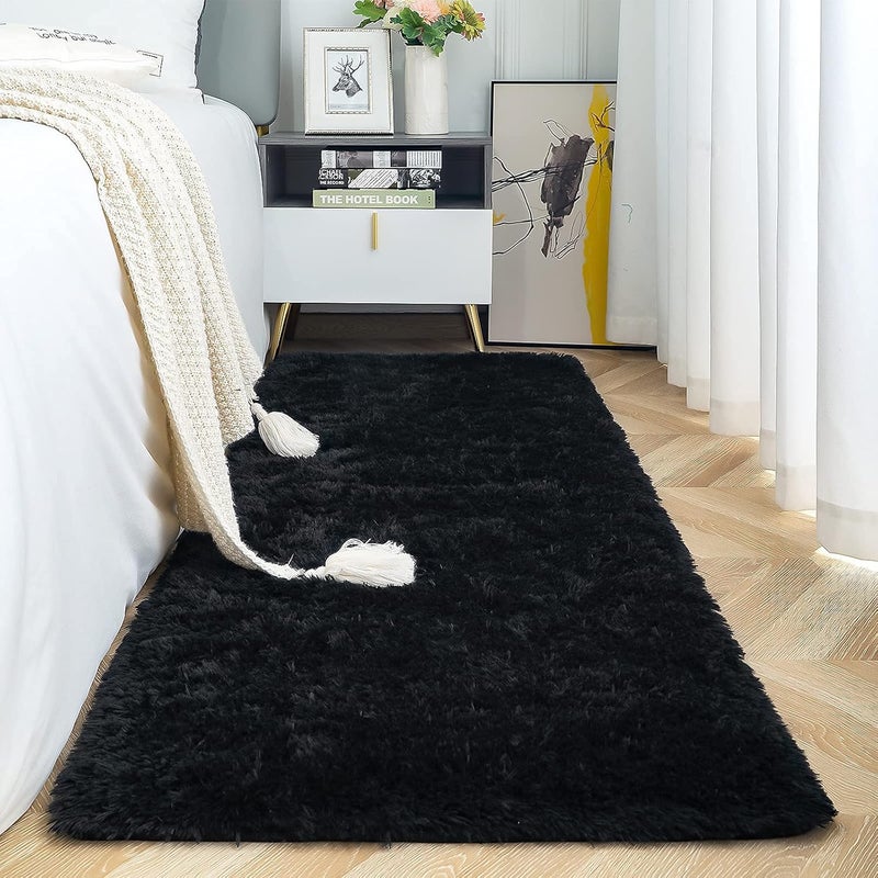 ISEAU Fluffy Runner Rug for Bedroom Plush Area Rugs, Shag Carpet with Rubber Backing Non Slip, Comfy Nursery Mat Bedside Mats for Kids Boys Room Home Decor, 2ft x 6ft, Black - Image 1