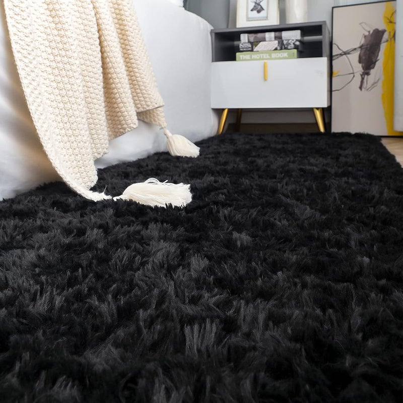 ISEAU Fluffy Runner Rug for Bedroom Plush Area Rugs, Shag Carpet with Rubber Backing Non Slip, Comfy Nursery Mat Bedside Mats for Kids Boys Room Home Decor, 2ft x 6ft, Black - Image 2