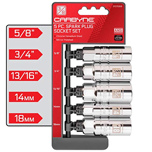 CARBYNE Spark Plug Socket Set - 5 Piece, Includes 5/8", 3/4", 13/16", 14mm, 18mm sizes. High Visibility 3/8-Inch Drive SAE & Metric Spark Plug Socket Set - Heat Treated CR-V Steel, Mirror Polish - Image 2