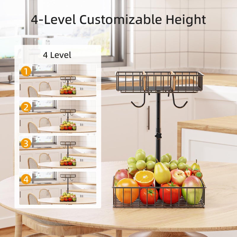 NANAGIFTREE 4-Level Adjustable Height Fruit Basket for Kitchen Countertop, 2-Tier Fruit Bowl with Removable Banana Hooks, Kitchen Organizer for Banana, Vegetable, and Snack Storage - Image 5
