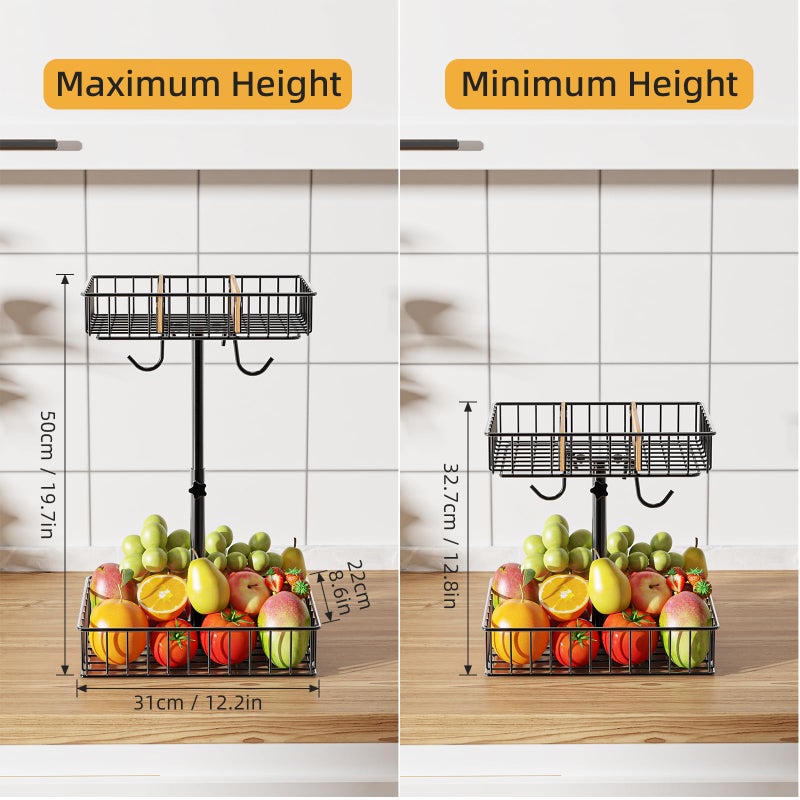 NANAGIFTREE 4-Level Adjustable Height Fruit Basket for Kitchen Countertop, 2-Tier Fruit Bowl with Removable Banana Hooks, Kitchen Organizer for Banana, Vegetable, and Snack Storage - Image 2
