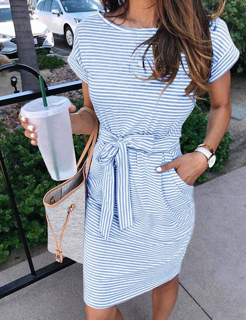 MEROKEETY Women's Summer Striped Short Sleeve T Shirt Dress Casual Tie Waist Midi Dress, Blue, S - Image 2