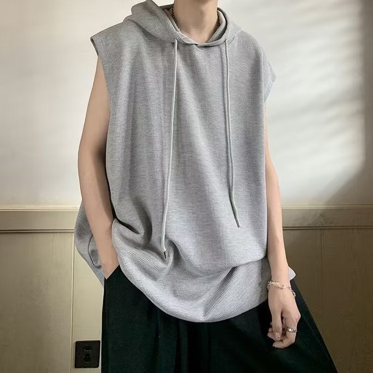 2023 Mens Hooded Vest Loose Houndstooth Sleeveless Sweatshirt Grey - Image 1