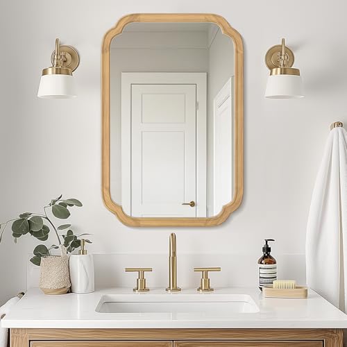 WallBeyond 20 x 30 Wood Mirror Rounded Corner Arch Wall Mirror with Wood Frame for Entryway Living Room or Bedroom Home Decor 20 x 30 Natural Color