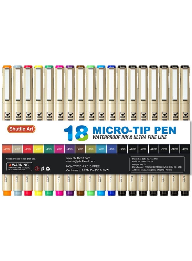 شاتل أرت مجموعة من 18 قلمًا من أقلام Micro-Line - 11 لونًا من الحبر الأرشيفي المقاوم للماء برأس من اللباد مقاس 0.3 مم و7 ألوان سوداء بسمك 0.15-0.5 مم للتدوين والتوضيح والرسم - Image 1