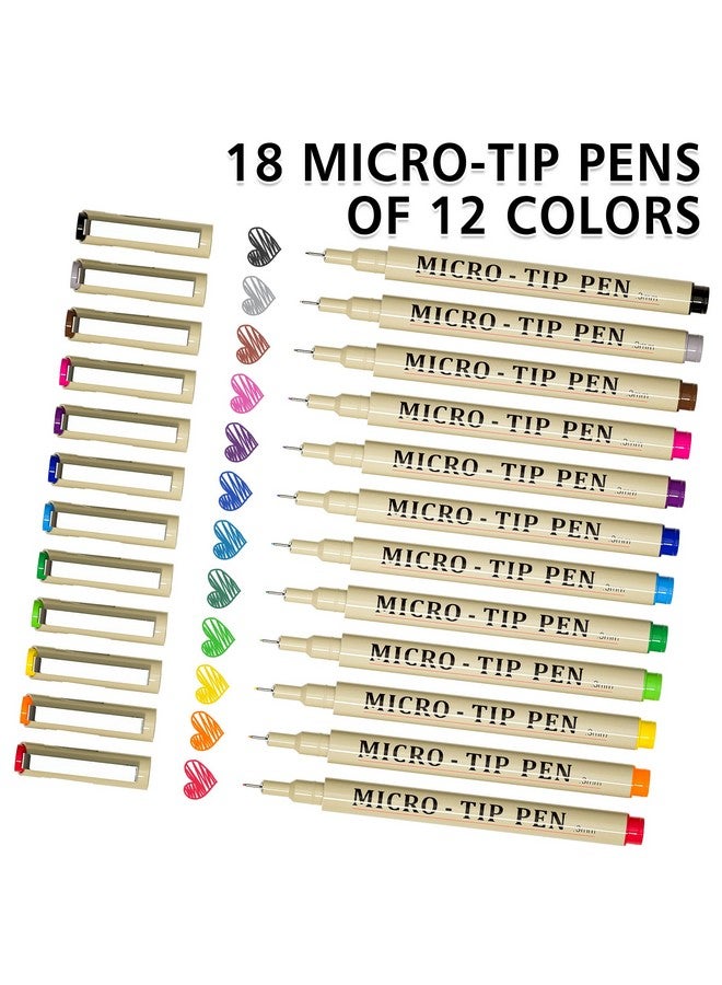 شاتل أرت مجموعة من 18 قلمًا من أقلام Micro-Line - 11 لونًا من الحبر الأرشيفي المقاوم للماء برأس من اللباد مقاس 0.3 مم و7 ألوان سوداء بسمك 0.15-0.5 مم للتدوين والتوضيح والرسم - Image 2