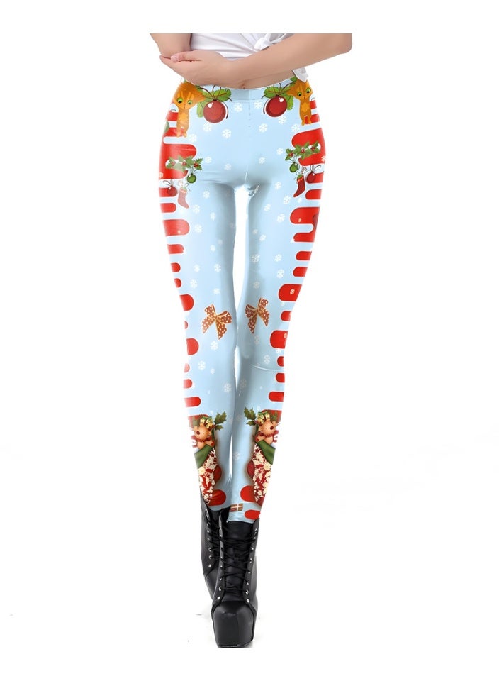 إسكدنيا النساء مطبوعة عيد الميلاد ملابس عالية الخصر عيد الميلاد ضيق العطلة بنطلون رقيقة - Image 1